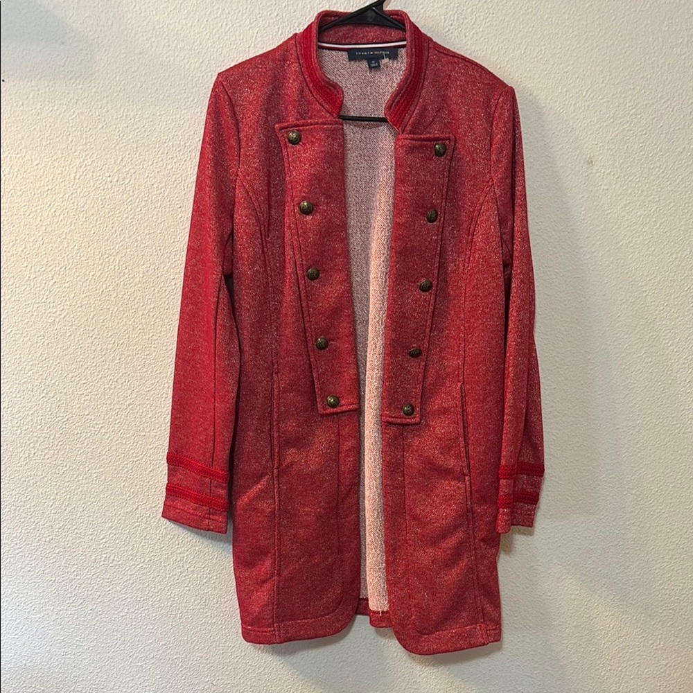 Tommy Hilfiger Red Trench Coat with Textured Fabric and Mid-Thigh Length